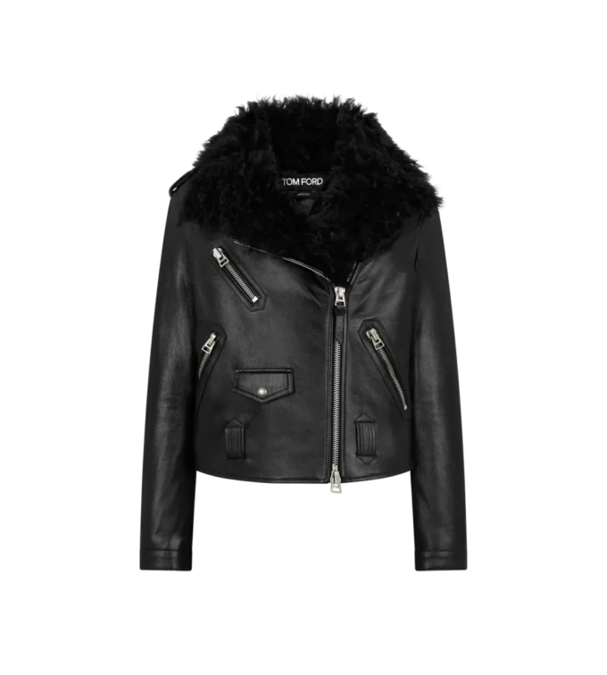 Asymmetrische Leder-Bikerjacke mit Lammfell Asymmetrische Leder-Bikerjacke mit Lammfell