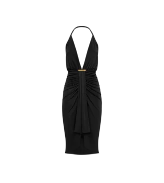 Cocktailkleid mit V-Ausschnitt und drapiertem Wasserfall-Detail vorne in der Mitte Cocktailkleid mit V-Ausschnitt und drapiertem Wasserfall-Detail vorne in der Mitte