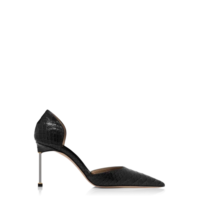Halbglänzende Pumps mit Python-Print und Spire D’Orsay-Absatz Halbglänzende Pumps mit Python-Print und Spire D’Orsay-Absatz