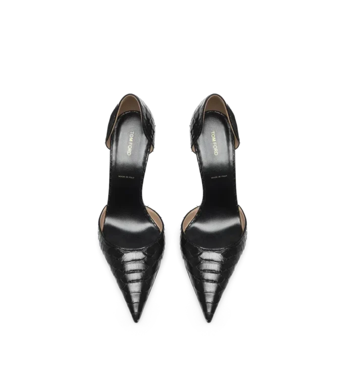 Halbglänzende Pumps mit Python-Print und Spire D’Orsay-Absatz Halbglänzende Pumps mit Python-Print und Spire D’Orsay-Absatz