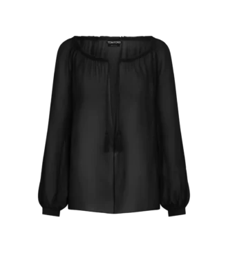 Langärmelige Seidenbluse mit Kordelzug