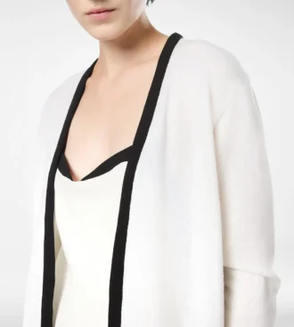 Mittellanger offener Cardigan aus Merino-Piqué mit Satinbesatz