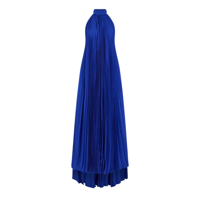 Seiden-Halterneck-Abendkleid mit Sunray-Plissee Seiden-Halterneck-Abendkleid mit Sunray-Plissee