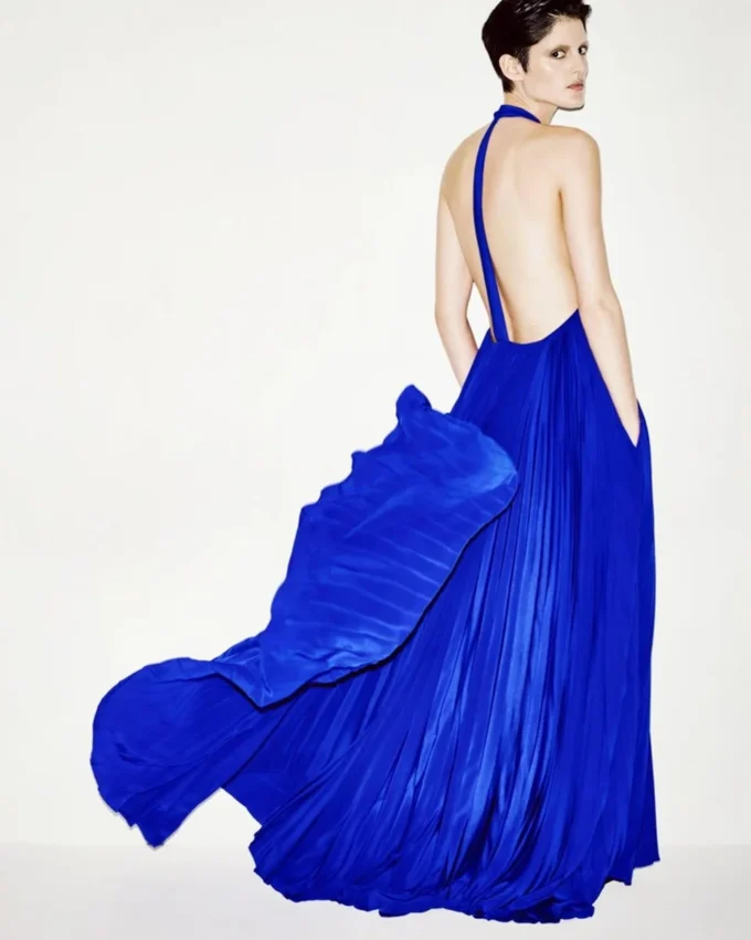 Seiden-Halterneck-Abendkleid mit Sunray-Plissee Seiden-Halterneck-Abendkleid mit Sunray-Plissee