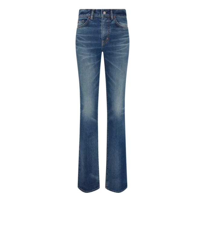 Stretch-Raw-Denim-Hose mit ausgestelltem Bein Stretch-Raw-Denim-Hose mit ausgestelltem Bein